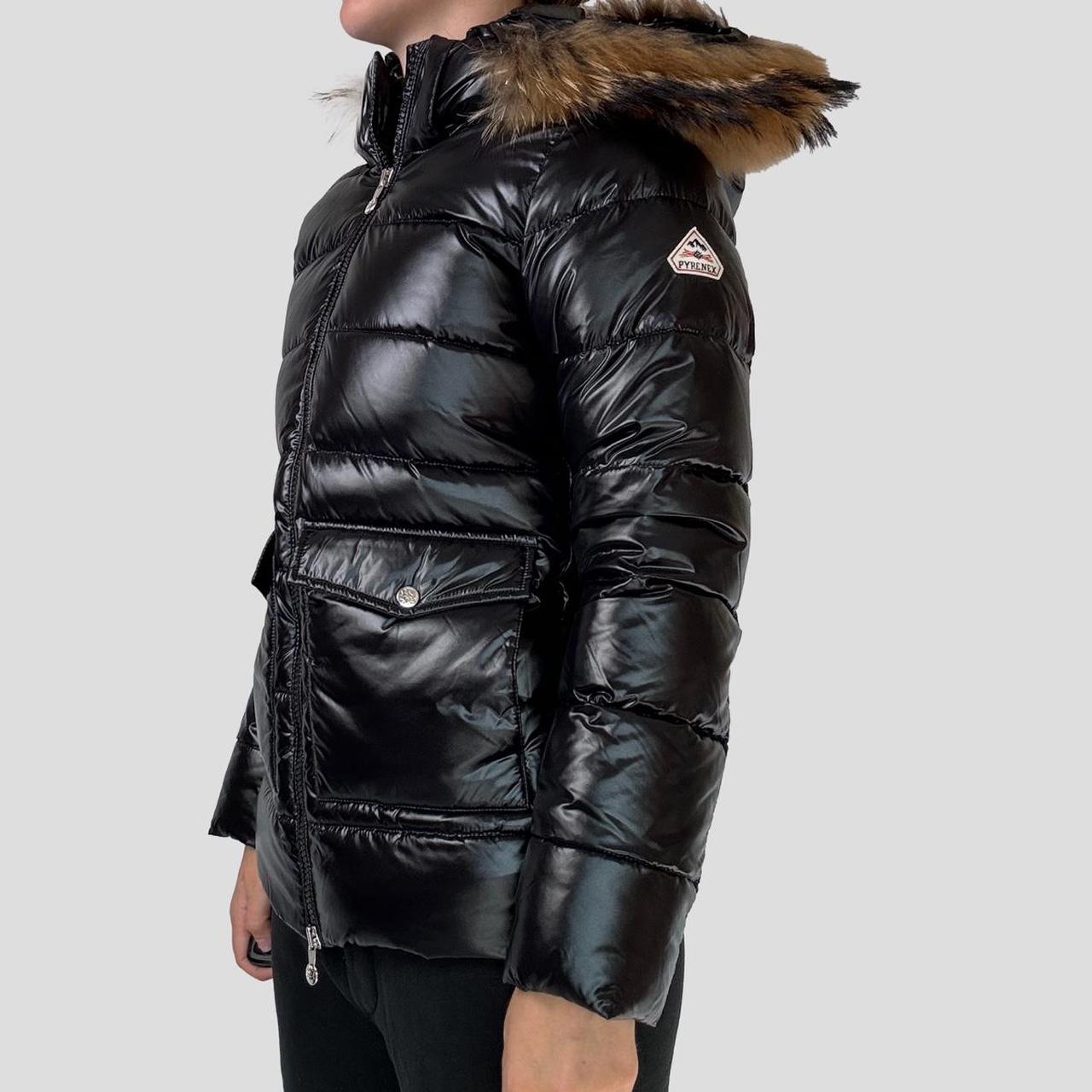 pyrenex womens shiny down jacket in black - with fur hood