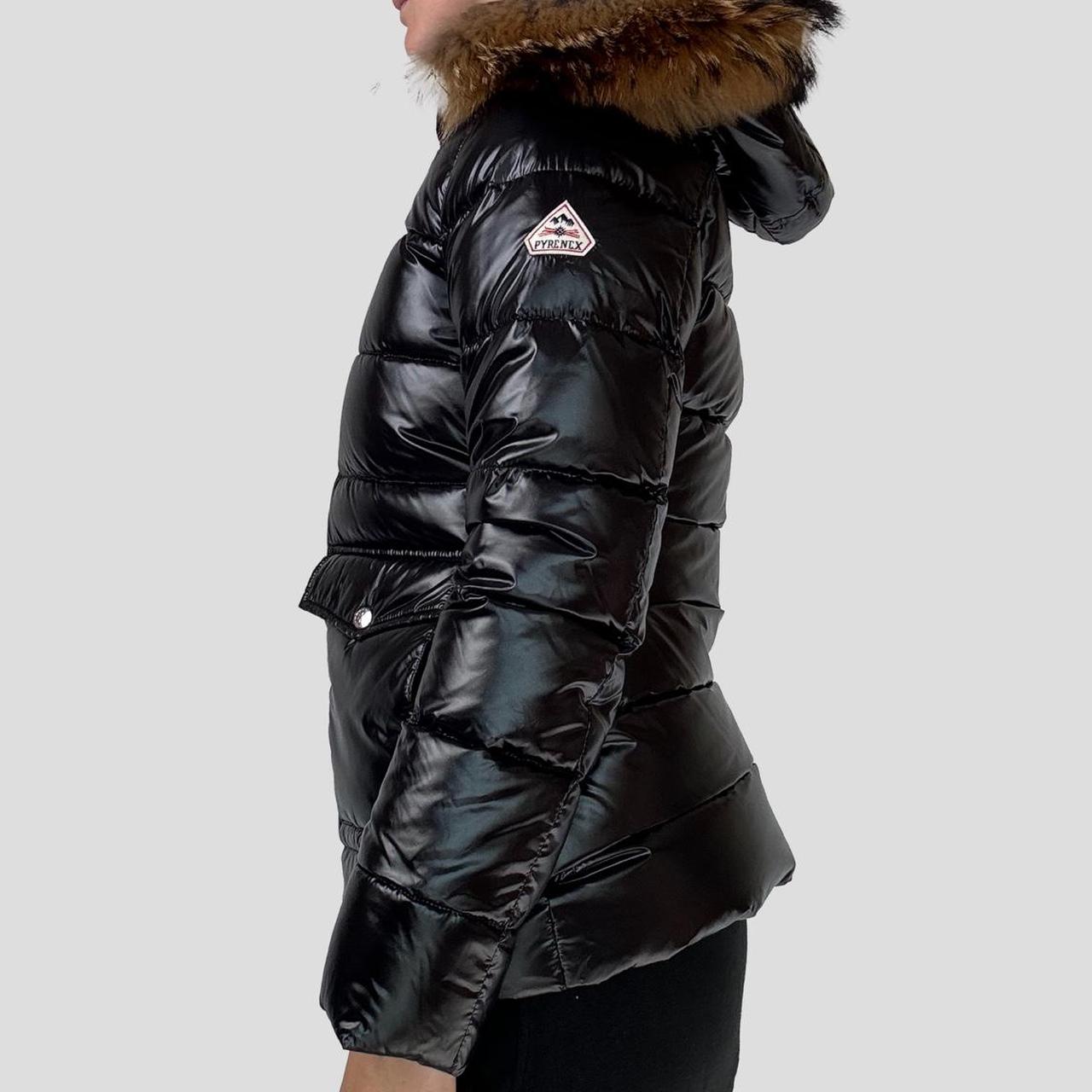 pyrenex womens shiny down jacket in black - with fur hood